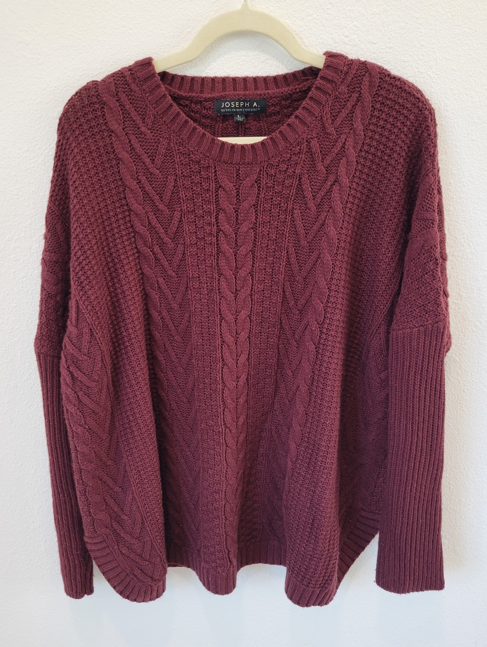 Joseph A. Women’s L Burgundy Cable Knit Sweater Drop Shoulder Cozy Loose Fit